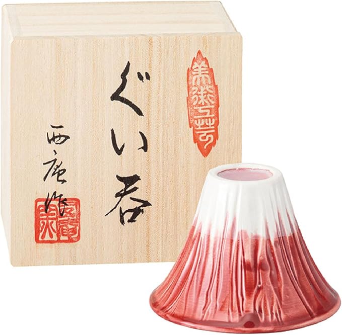 Japanese Sake Cup Mount Fuji Design Wine Soju Porcelain Ochoko Gifts (Red Fuji, 1 Ochoko)