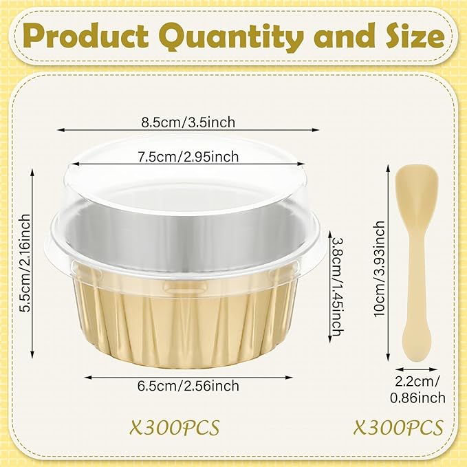 Hushee 600 Pcs Aluminum Foil Baking Cups with Lids and Spoons 5oz Disposable Ramekins Dessert
