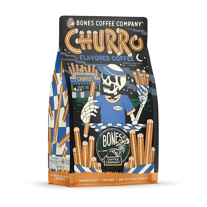 Bones Coffee Company Churro, Sweet Sugary Cinnamon Flavored Coffee, Medium Roast Low Acid Arabica