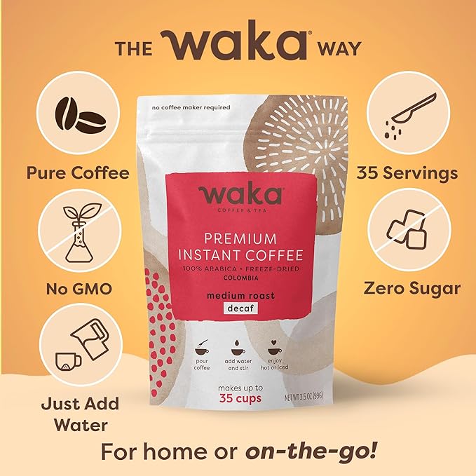 Waka Instant Coffee, Decaffeinated Medium Roast - 100% Arabica Colombian Beans, Freeze Dried