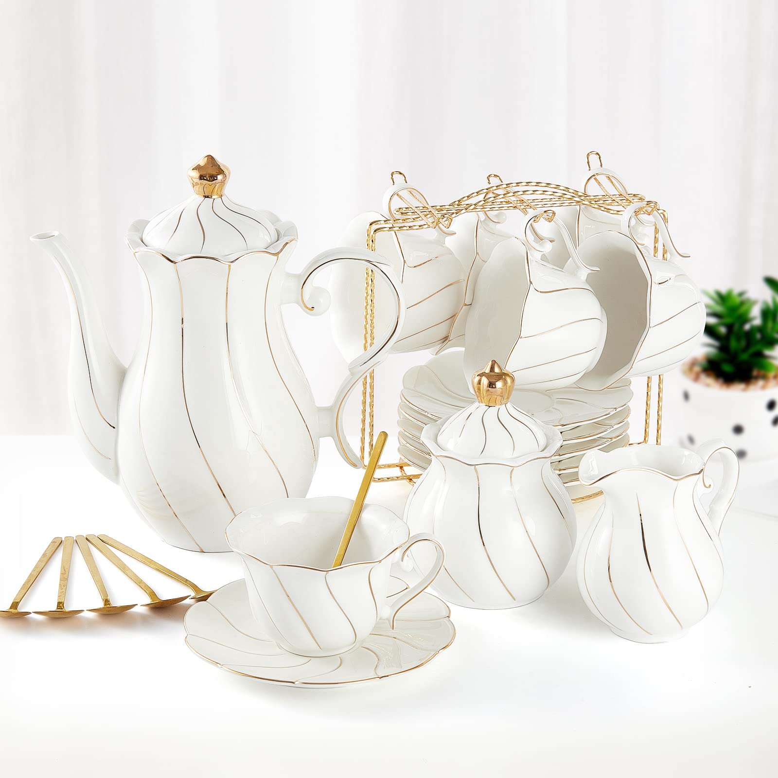 DUJUST 22 pcs White Porcelain Tea Set for 6, Luxury British Style Tea/Coffee Cup Set with Golden