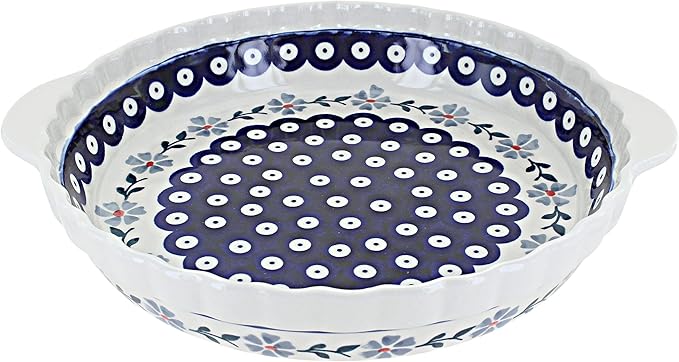 Blue Rose Polish Pottery - Blue Blue Violet Pie Plate With Handles - 9.75" Diameter - Ceramic