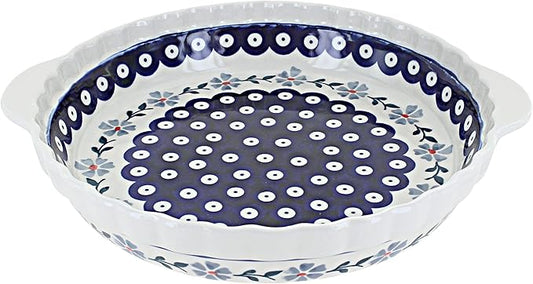 Blue Rose Polish Pottery - Blue Blue Violet Pie Plate With Handles - 9.75" Diameter - Ceramic