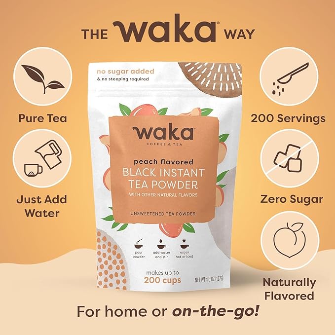Waka Instant Black Tea Mix, Peach Flavored - 100% Tea Leaves, No Additives, Unsweetened Tea Powder