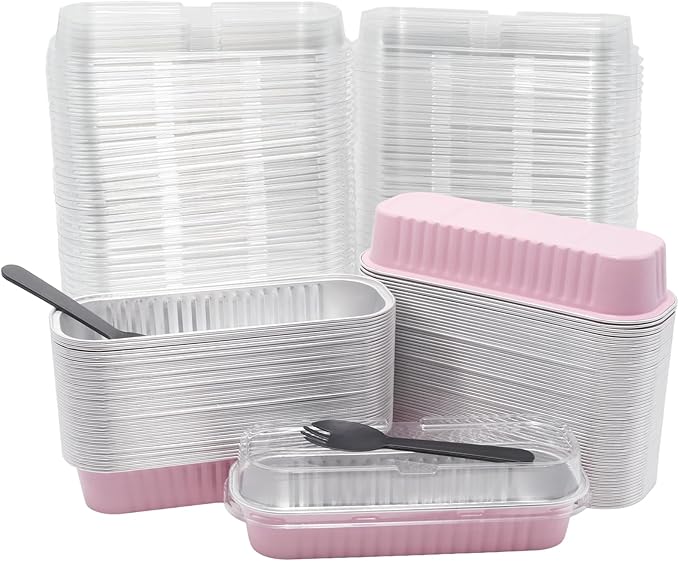 100 Pack 6.8oz Aluminum Cake Pans with Lids Rectangle Mini Loaf Pans Baking Cups Disposable Cupcake