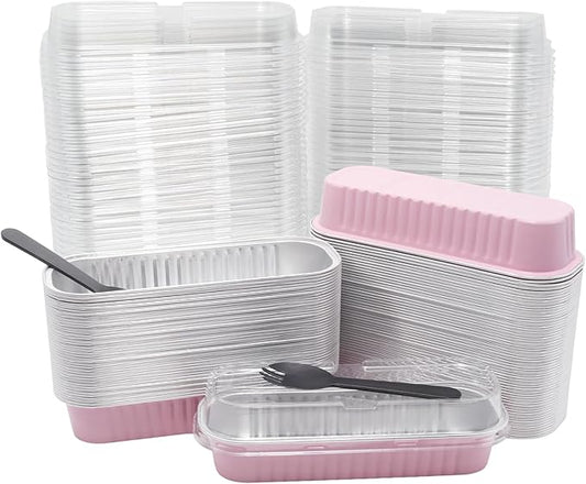 100 Pack 6.8oz Aluminum Cake Pans with Lids Rectangle Mini Loaf Pans Baking Cups Disposable Cupcake