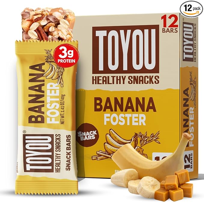 ToYou Chewy Fruit and Nut Bars - Healthy Protein Snacks | Banana Foster - 1.41 Ounce (Pack of 12) |