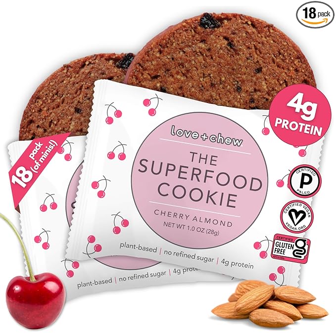 Love + Chew Soft Baked Protein Cookies, Gluten Free | (18) Count Cherry Almond Minis | Vegan