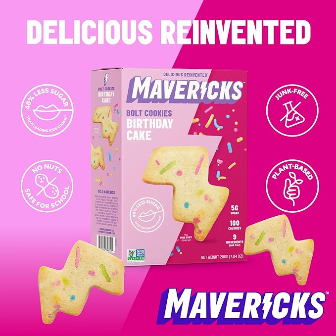 Mavericks Birthday Cake Bolt Cookies - Plant-Based Birthday Cake Confetti Cookies, Egg-Free