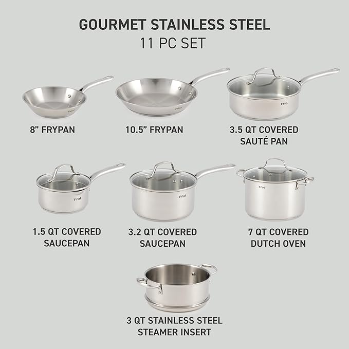 T-fal Stainless Steel Cookware Set 11 Piece, Induction, Oven Broiler Safe 500F, Kitchen Cooking Set