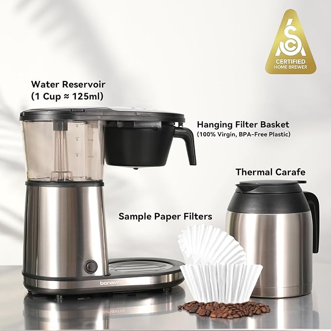 Bonavita 8 Cup Drip Coffee Maker Machine, One-Touch Pour Over, Auto Pause Brewing with Stainless