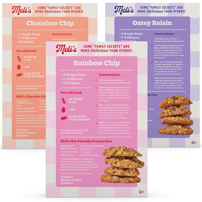 Meli?셲 Gluten Free Cookie Mix, Cookies Variety Pack - Chocolate Chip, Rainbow Chip & Oatey Raisin