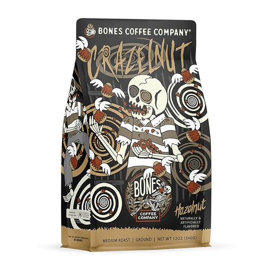 Bones Coffee Company Crazelnut, Hazelnut Flavored Coffee, Medium Roast Low Acid Arabica Beans