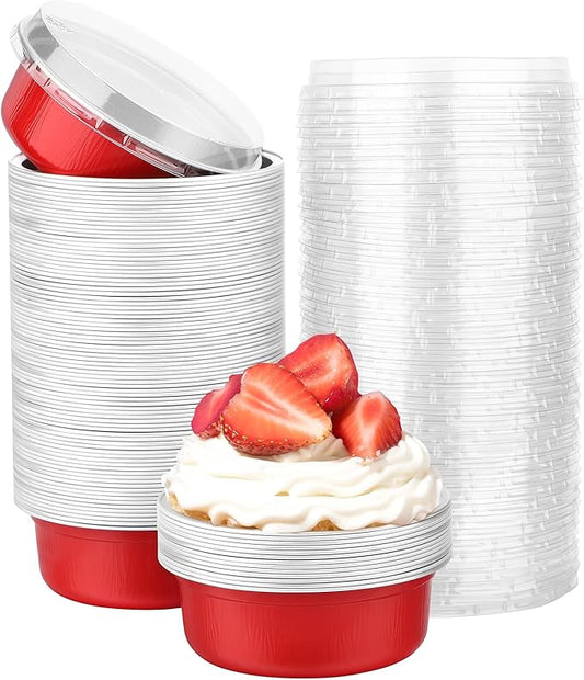 Beasea Disposable Baking Cups With Lids, 100 Pack 8.8oz 260ml 4 Inch Aluminum Foil Ramekins Round