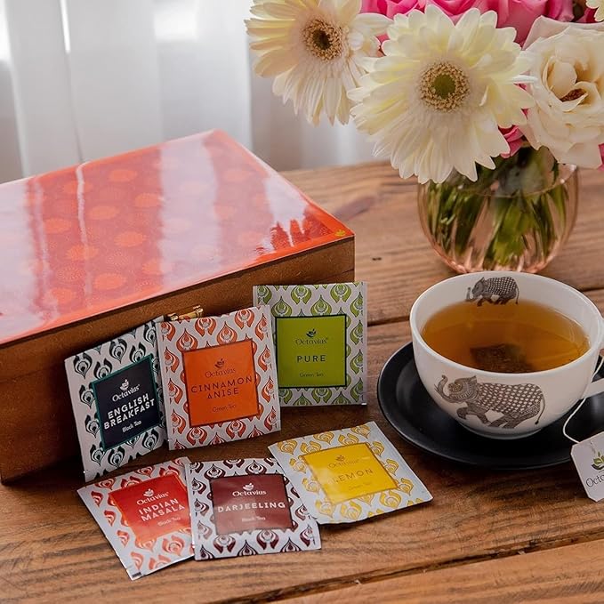 Octavius Gift's Select - Assorted Tea in Lotus Printed Wooden Box | 6 Flavors, 90 Tea Bags | Black