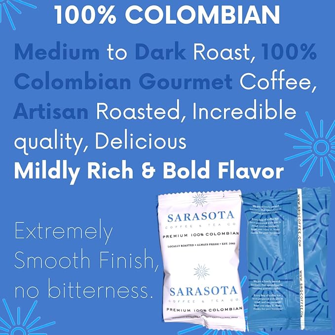 Sarasota Coffee Packs Bulk Ground Packets | Medium, Colombian, & Dark Roast Variety | Gourmet