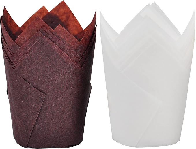 Large size White+Brown Tulip Baking Cups 2-1/4"(Base diameter) x 4"(Wall height) Greaseproof paper
