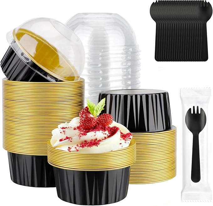 EUSOAR Creme Brulee Ramekins Disposable, 60pcs 5oz Foil Baking Cups with Lids and 60pcs Sporks