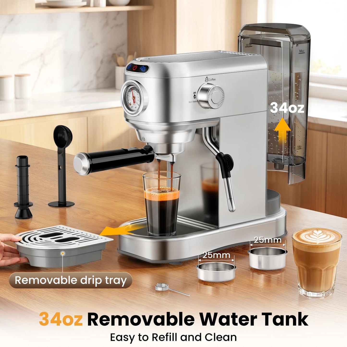 AERCANA Espresso Machine 20 Bar, Compact Espresso Coffee Machine with Milk Frother, Stainless Steel