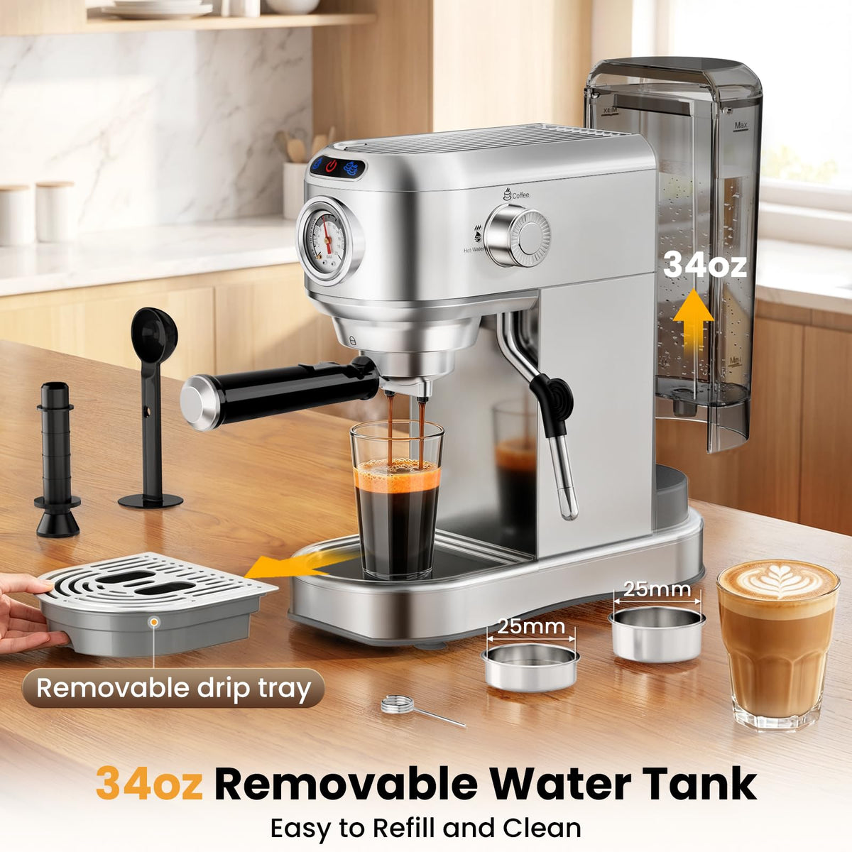 AERCANA Espresso Machine 20 Bar, Compact Espresso Coffee Machine with Milk Frother, Stainless Steel