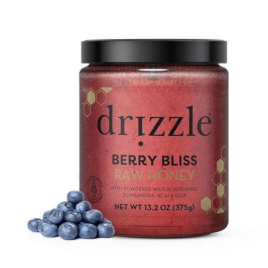 Drizzle Berry Bliss Raw Honey - All Natural Pure Raw Honey with Organic Blueberry, Unfiltered &