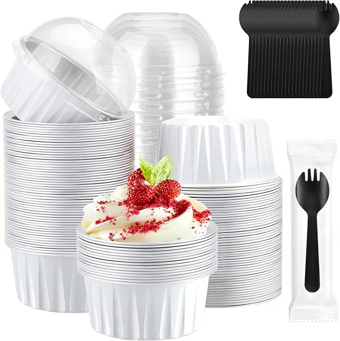 EUSOAR Mini Cheesecake Pans and Disposable Sporks, 120pcs 5oz Creme Brulee Ramekins Disposable