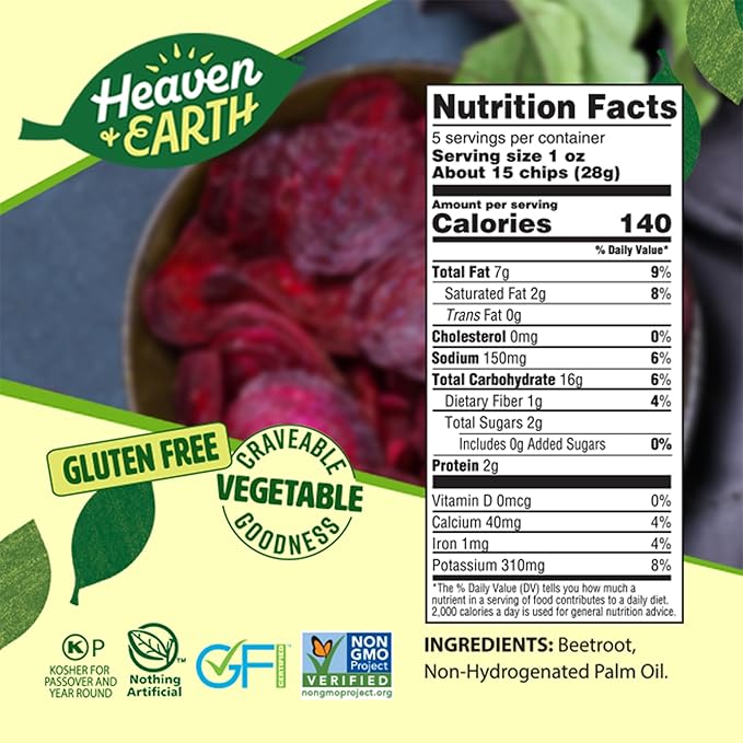 Heaven & Earth Beet Chips, 5oz (2 Pack) Gluten Free | Non GMO | Thin & Crisp | Kosher