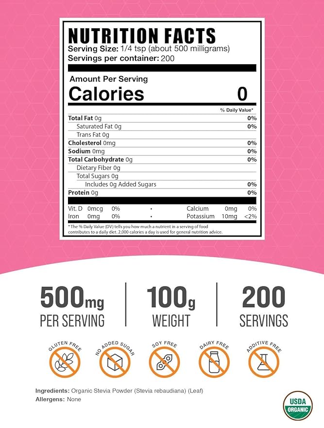 BulkSupplements.com Organic Stevia Powder - Pure Sweetener, Sourced from Stevia Leaves, Herbal