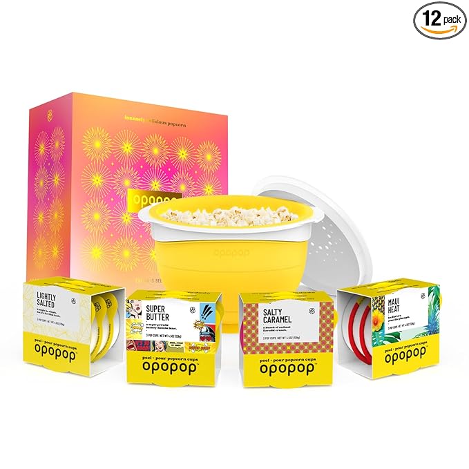 Opopop Gourmet Popcorn Gift Set - Variety 12-Pack Microwave Popcorn Kit, Collapsible Silicone