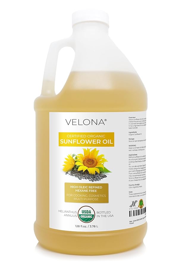 velona USDA Certified Organic Sunflower Oil - 1 Gallon / 128 Fl Oz | 100% Pure and Natural Carrier