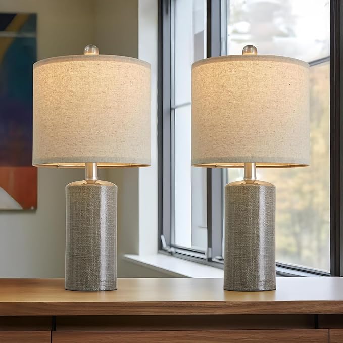 20.25/inch Modern Ceramic Table lamp Set of 2 Small Farmhouse Bedside lamp Dark Grey Nightstand