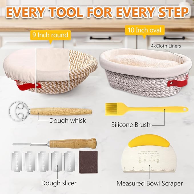Banneton Bread Proofing Basket Set, Oval & Round Bread Baskets with Liners & Covers for Artisan