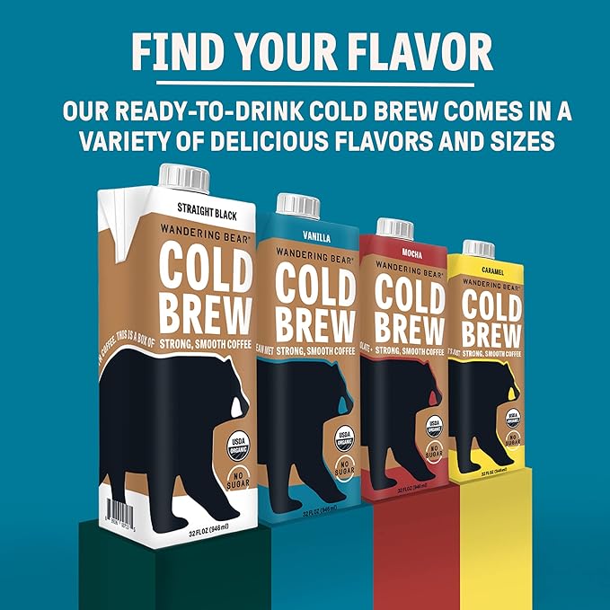 Wandering Bear Organic Vanilla Cold Brew Coffee, 32 fl oz, 6 pack - Extra Strong, Bold, Smooth