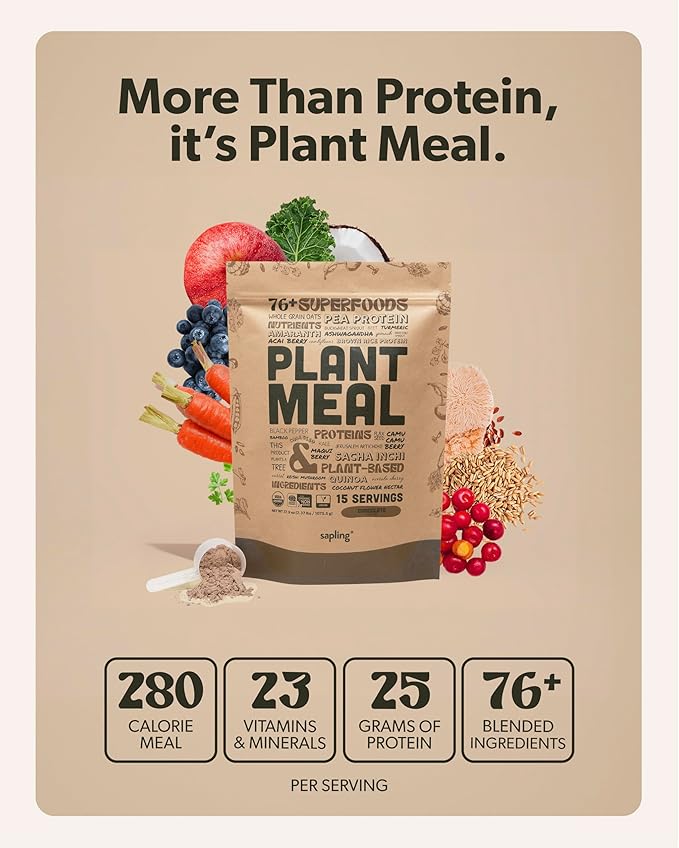 Plant Meal Replacement Shake - Chocolate - 25g of Plant Based Vegan Protein Powder, 76+ Organic