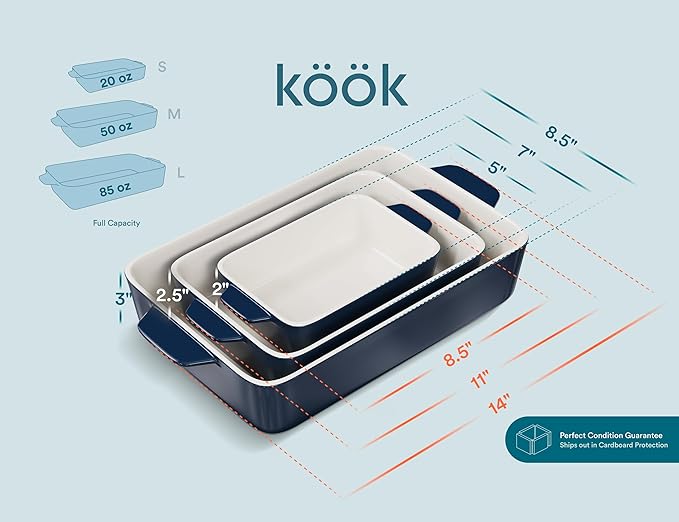 Kook Casserole Dish, Ceramic Baking Dish, Large Lasagna Pan Deep for Oven, 8.5 x 14, 11 x 7, 8 x 5