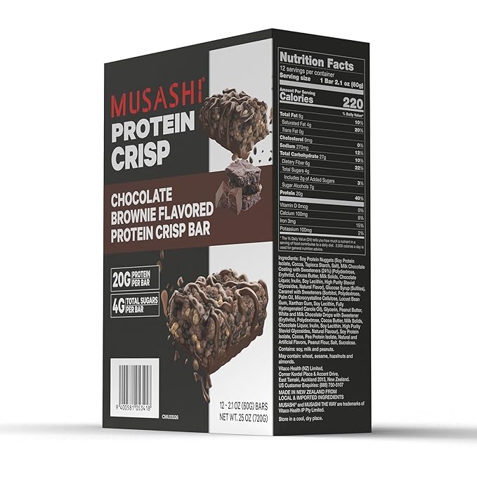 MUSASHI Protein Crisp Bar, 20g Protein, 4g Total Sugars, Chocolate Brownie, Post Workout and Snack