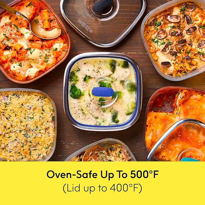 Anyday 10-Cup Square Glass Food Storage with Glass Lid | Plastic-Free Meal Prep & Microwave