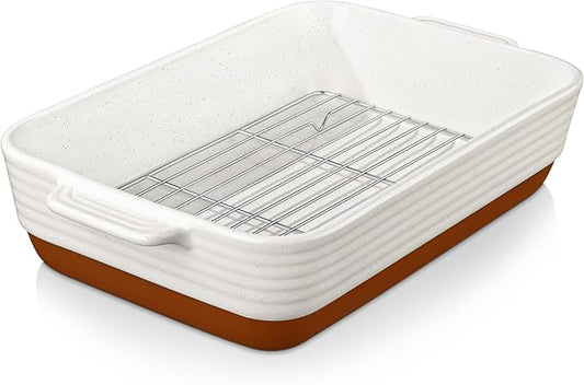 MALACASA Baking Dish with Rack, 4.8 Qt Ceramic Roasting Pan with Stainless Steel Drip Rack, 9x13