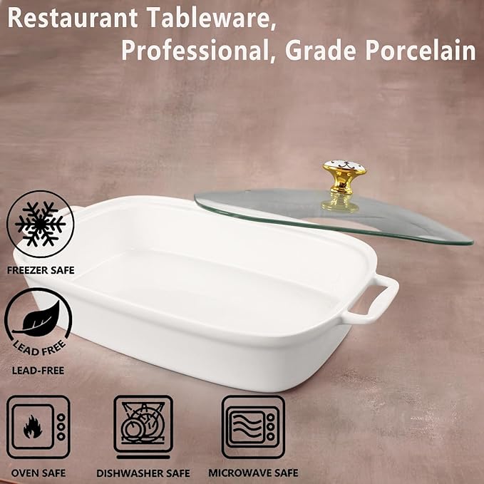 11" x 8" Ceramic Rectangular Casserole Dish with Glass Lid, 1.6 Quart White Serving Soup
