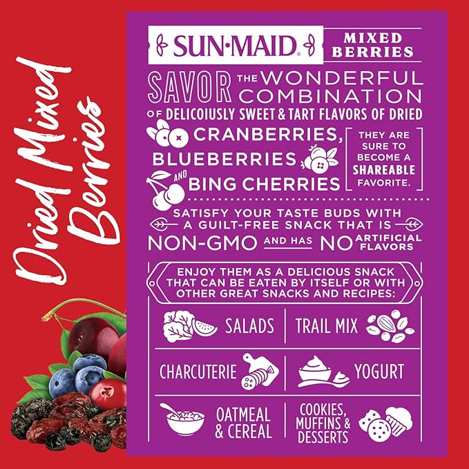 Sun-Maid Dried Mixed Berries - 15 oz Resealable Bag - Dried Cranberries, Cherries, Blueberries
