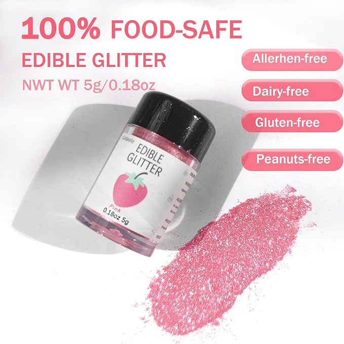 Pink Edible Glimmer Powder Glitter - Colaele 5 grams Food-Grade Luster Dust Metallic Fancy Food