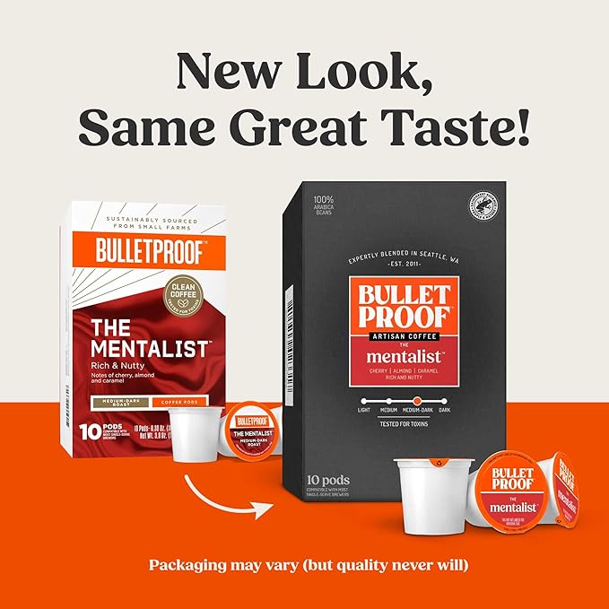 Bulletproof The Mentalist Medium-Dark Roast Single-Serve Pods, 10 Count, 100% Arabica Beans, Clean