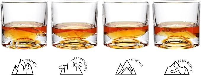 American Peaks Heavy Crystal Whiskey Glasses Gift Set of 4, Thick Freezable Bourbon Glass 1lb Each