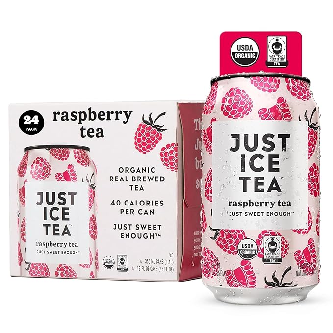 Just Ice Tea, Raspberry Flavored Black Iced Tea, 24-Pack (12oz Cans), USDA Certified Organic, Low