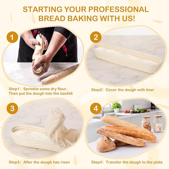 Vesici 15 Inches Baguette Banneton Proofing Basket 6 Pack with Linen Liner Baguette Banneton Bread