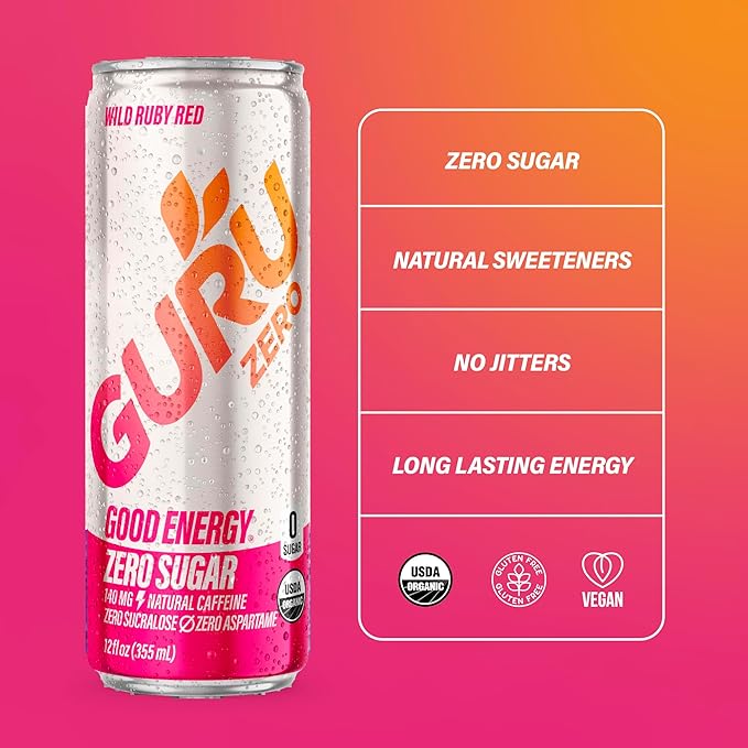 GURU ZERO SUGAR Wild Ruby Red Organic Energy Drinks, Clean Energy Drink with Plant Based Natural