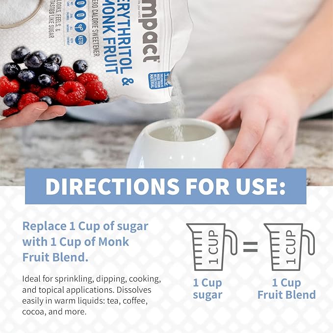 Impact White Monk Fruit & Erythritol Sweetener Blend - Gluten Free, Zero Calories, Net Carbs, Keto