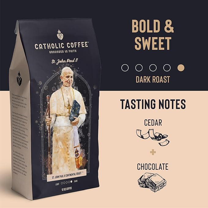Catholic Coffee Pope St. John Paul II | Peruvian Dark Roast Ground Coffee ??Cedar & Chocolate Notes