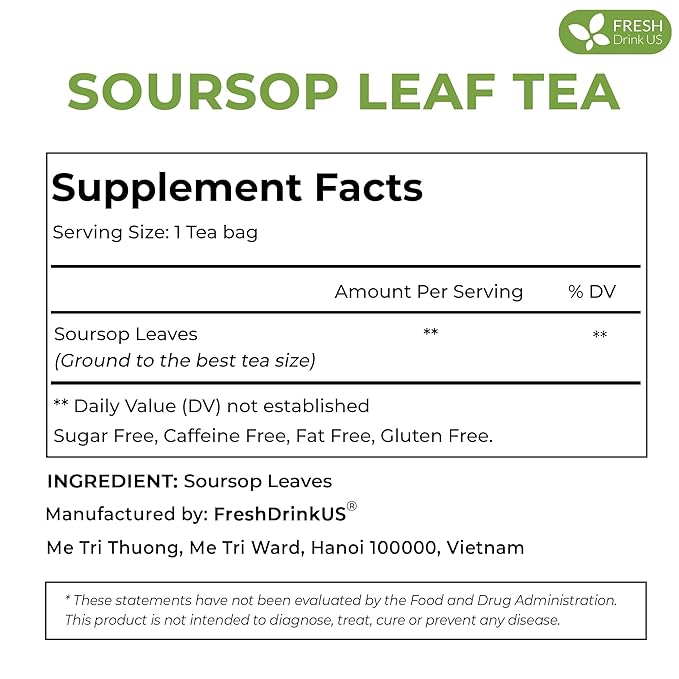 FreshDrinkUS, Premium 33 Soursop Graviola Leaf Tea Bags, 100% Natural & Pure from Soursop Leaves