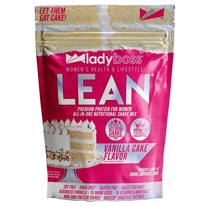 LadyBoss Lean Protein Shake Vanilla Cake Flavor - Meal Replacement & Craving Support with Grass-Fed